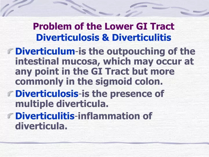 problem of the lower gi tract diverticulosis diverticulitis