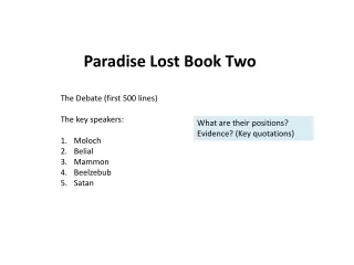Paradise Lost Book Two The Debate (first 500 lines) The key speakers: Moloch Belial Mammon
