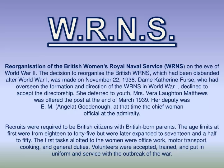 w r n s reorganisation of the british women