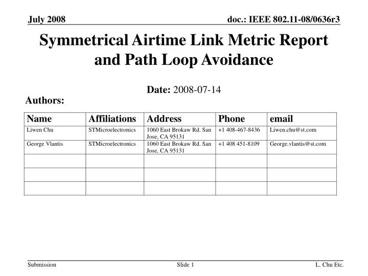 symmetrical airtime link metric report and path loop avoidance
