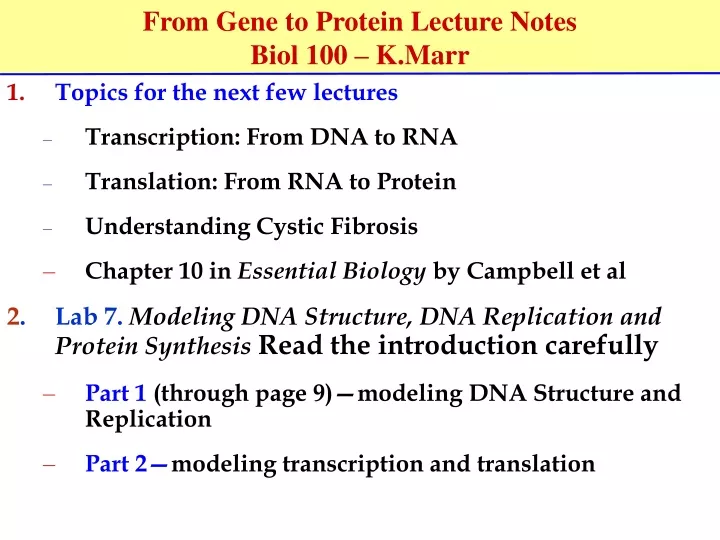 from gene to protein lecture notes biol 100 k marr