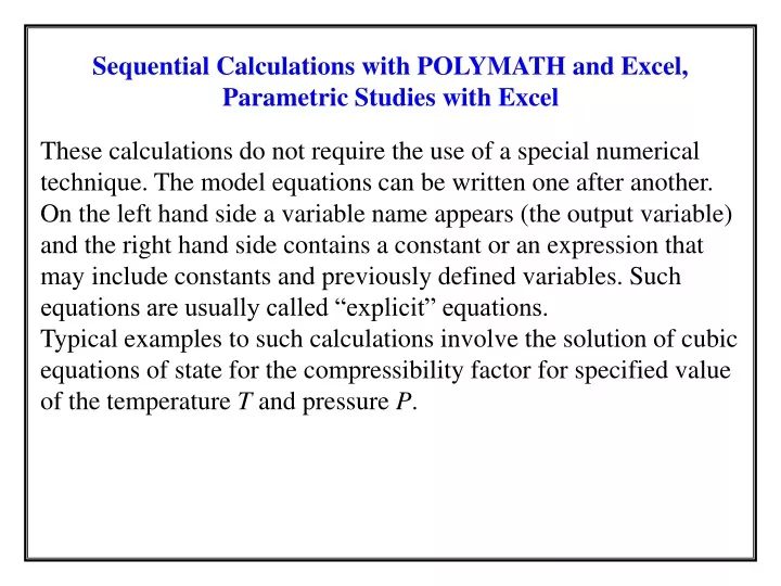 sequential calculations with polymath and excel