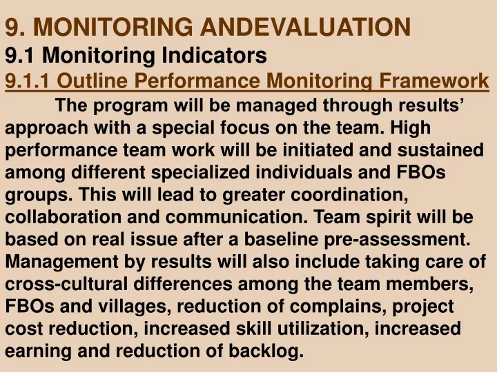 9 monitoring andevaluation 9 1 monitoring