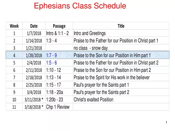 ephesians class schedule