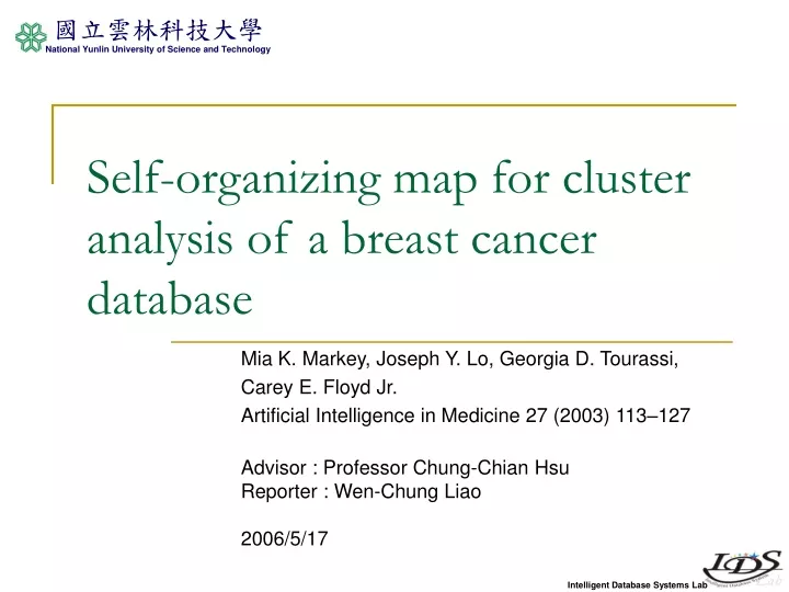 self organizing map for cluster analysis of a breast cancer database