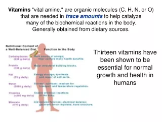 Vitamins  &quot;vital amine,&quot; are organic molecules (C, H, N, or O)