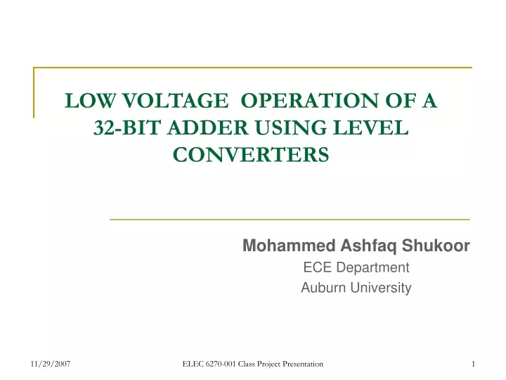 low voltage operation of a 32 bit adder using level converters