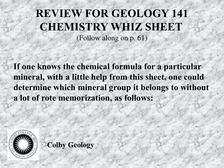 review for geology 141 chemistry whiz sheet