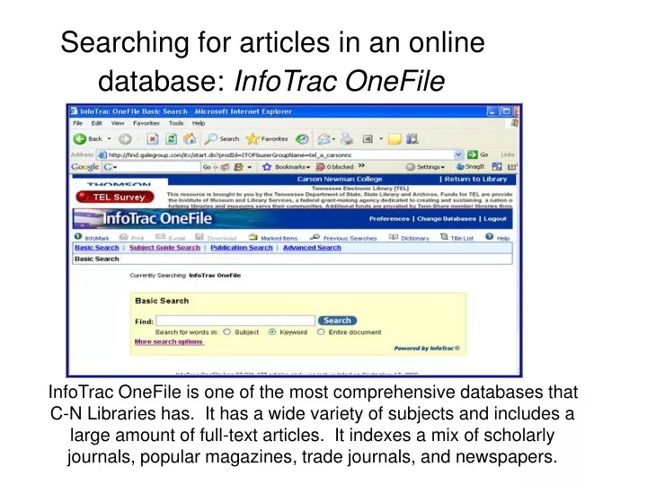searching for articles in an online database infotrac onefile