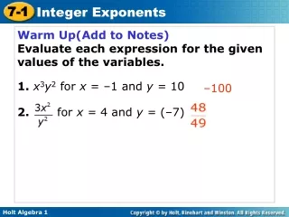 Warm Up(Add to Notes) Evaluate each expression for the given values of the variables.