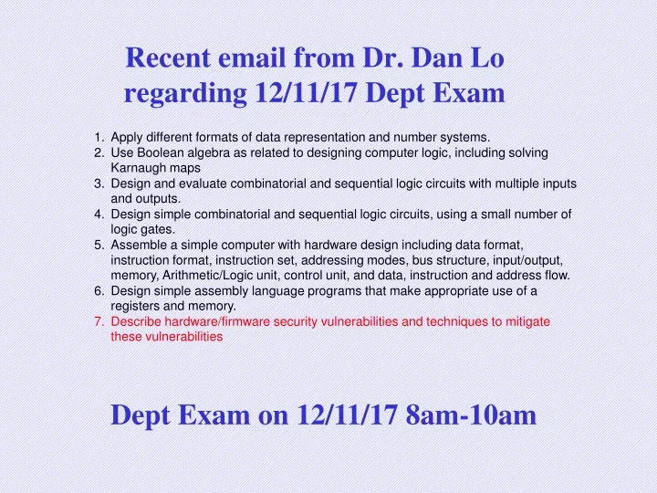 recent email from dr dan lo regarding 12 11 17 dept exam