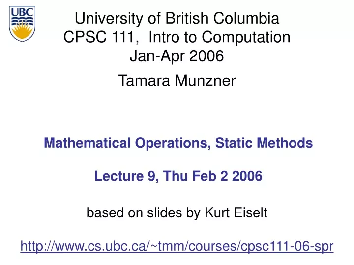 mathematical operations static methods lecture 9 thu feb 2 2006