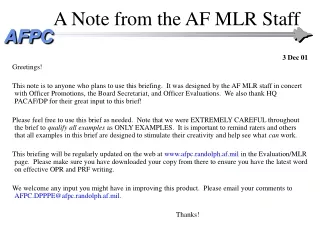 A Note from the AF MLR Staff