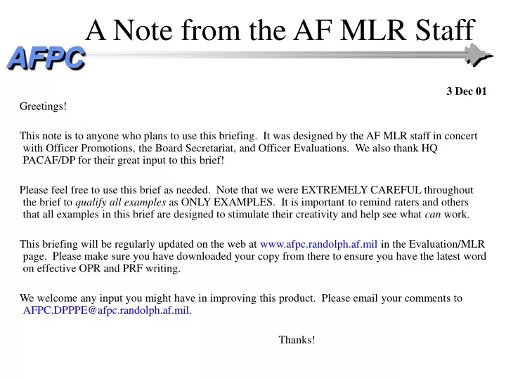 a note from the af mlr staff