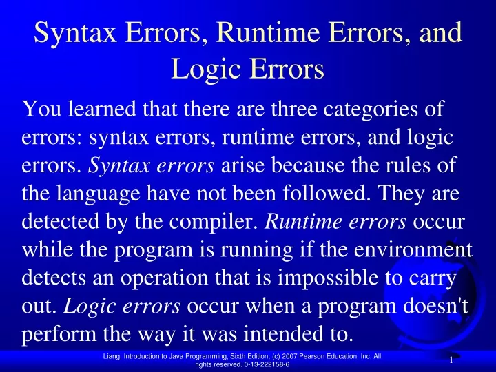syntax errors runtime errors and logic errors