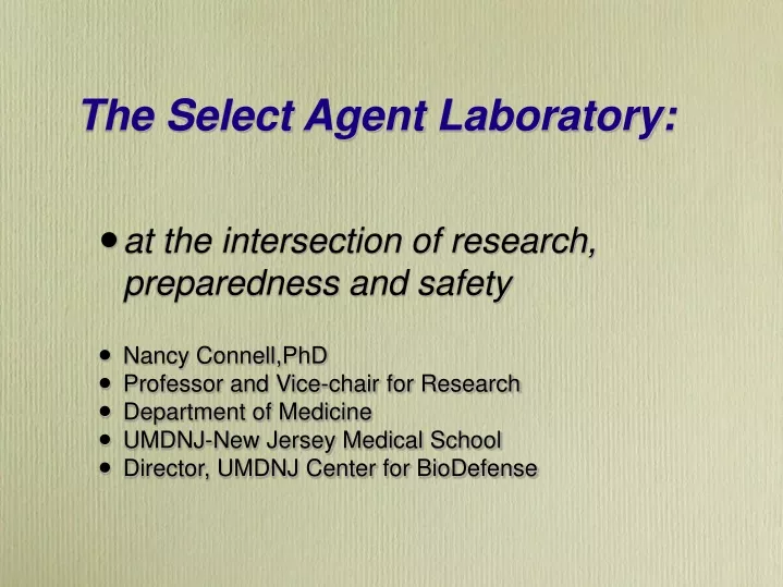 the select agent laboratory