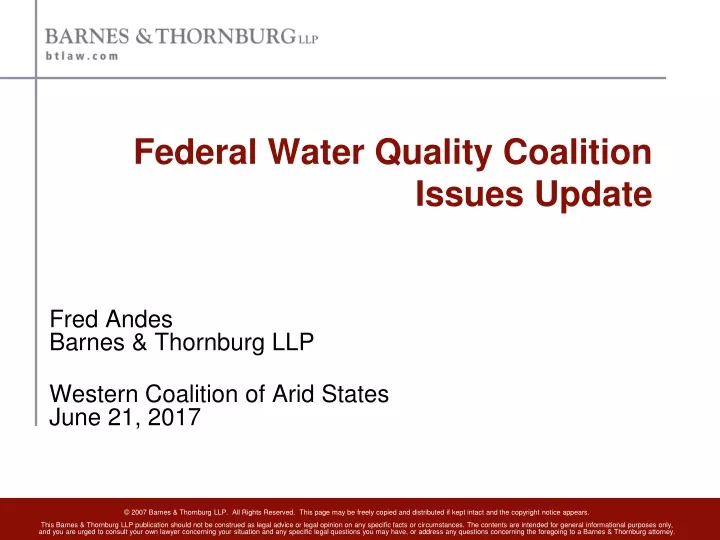 federal water quality coalition issues update