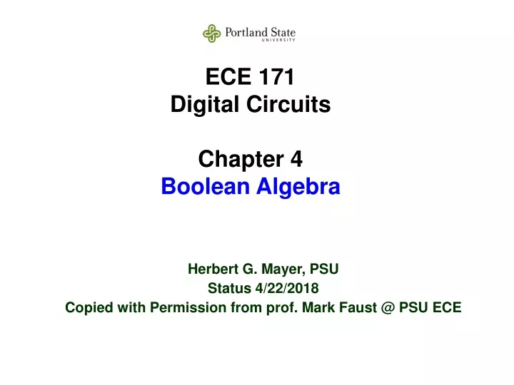 ece 171 digital circuits chapter 4 boolean algebra