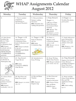 WHAP Assignments Calendar August 2012