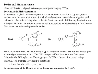 Section 11.2 Finite Automata Can a machine(i.e., algorithm) recognize a regular language? Yes!