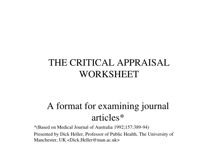 the critical appraisal worksheet