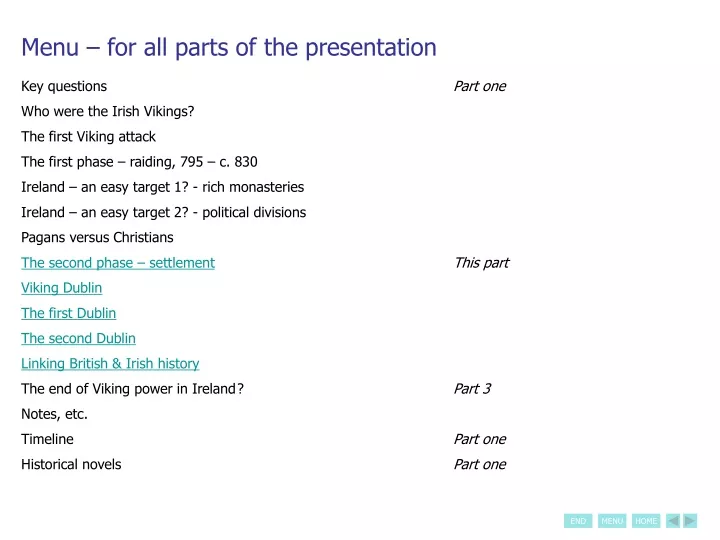 menu for all parts of the presentation