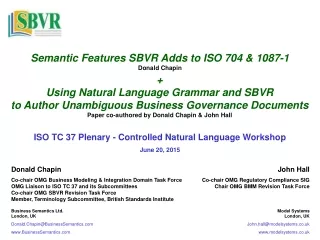 ISO TC 37 Plenary - Controlled Natural Language Workshop June 20, 2015