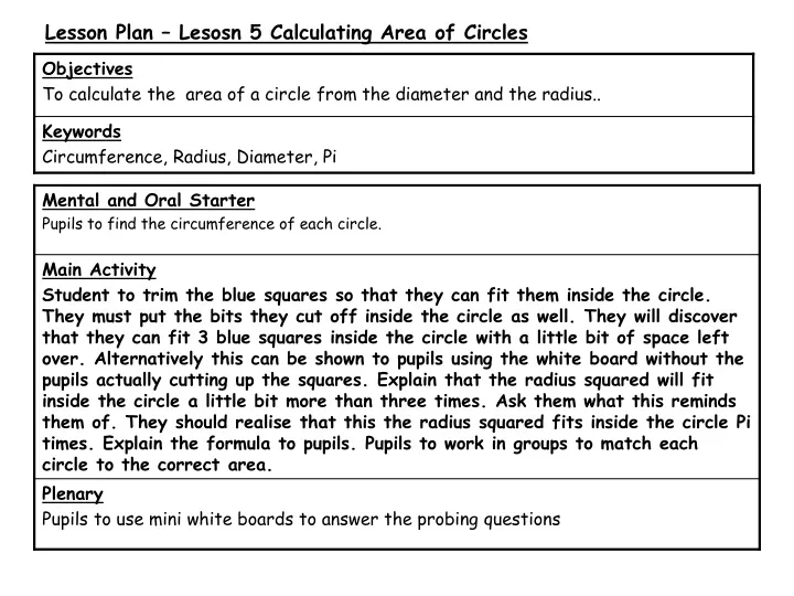 lesson plan lesosn 5 calculating area of circles