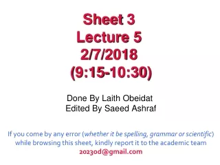 Sheet 3  Lecture 5  2/7/2018  (9:15-10:30)