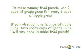 To make yummy fruit punch, use 2 cups of grape juice for every 3 cups of apple juice.