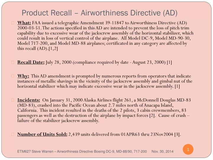 product recall airworthiness directive ad