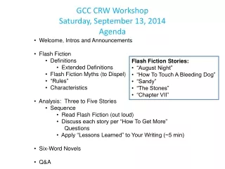 GCC CRW Workshop Saturday, September 13, 2014 Agenda