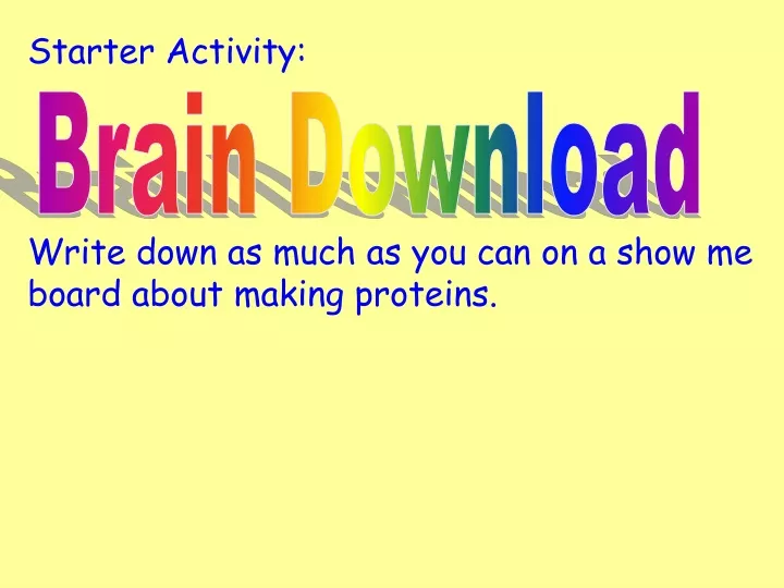starter activity write down as much as you can on a show me board about making proteins