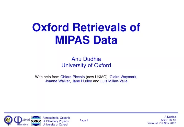 oxford retrievals of mipas data anu dudhia