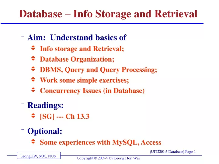 database info storage and retrieval