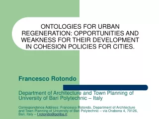 ONTOLOGIES FOR URBAN  REGENERATION: OPPORTUNITIES AND  WEAKNESS FOR THEIR DEVELOPMENT