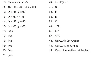10.   2x – 5 &gt; x; x &gt; 5			24.   x = 6; y = 6 11.   9x – 3 &gt; 6x + 5; x &gt; 8/3		31.   C