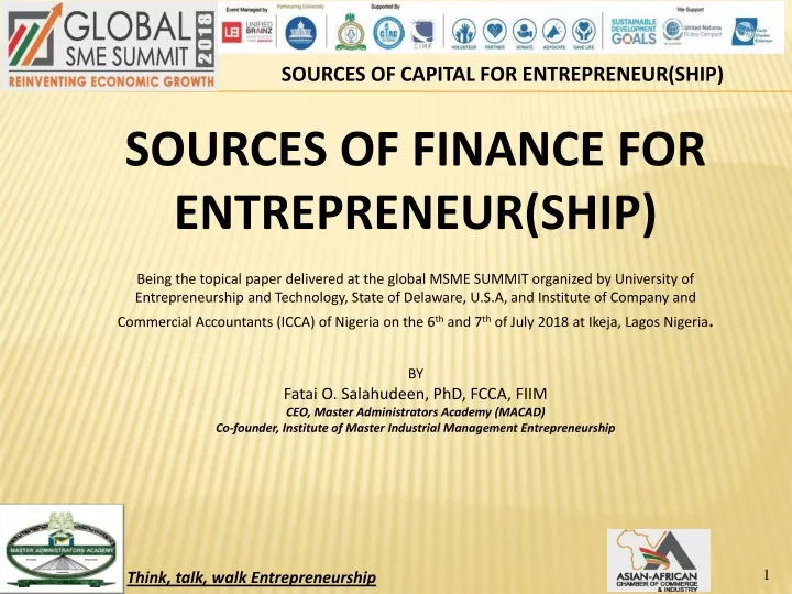 sources of finance for entrepreneur ship being