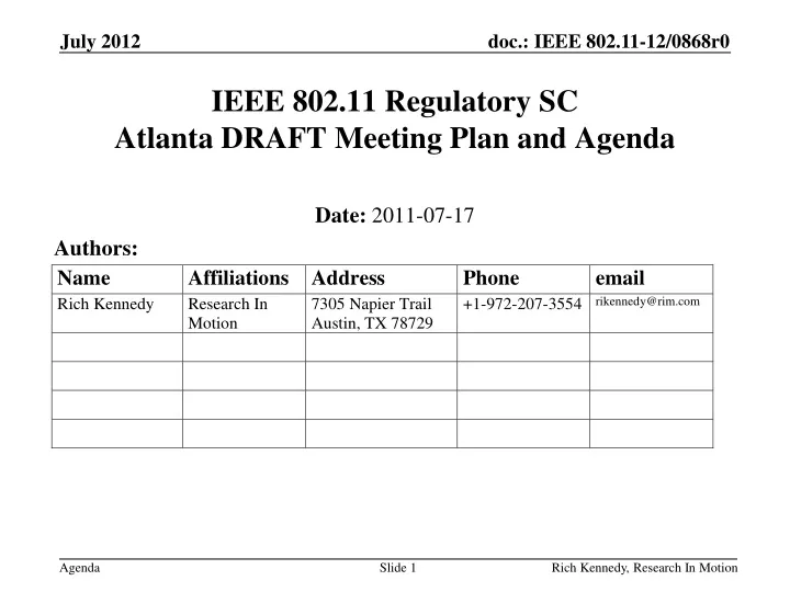 ieee 802 11 regulatory sc atlanta draft meeting plan and agenda