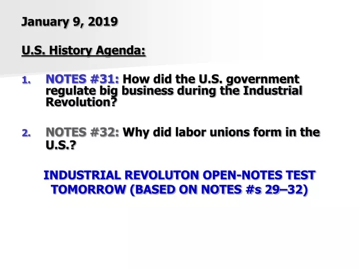 january 9 2019 u s history agenda notes