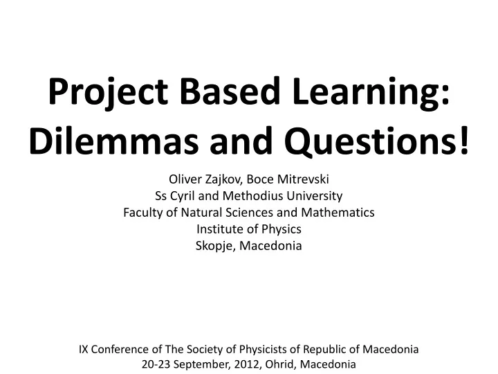 project based learning dilemmas and questions