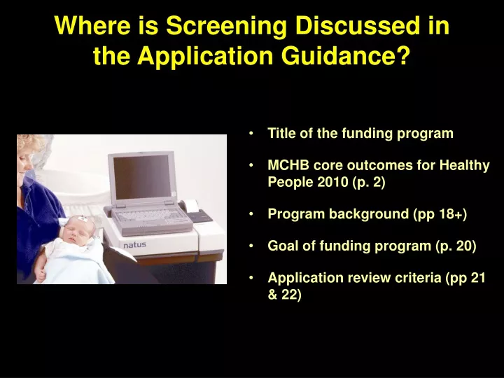 where is screening discussed in the application guidance