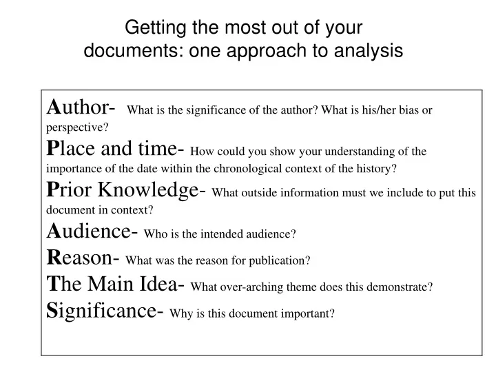 getting the most out of your documents one approach to analysis