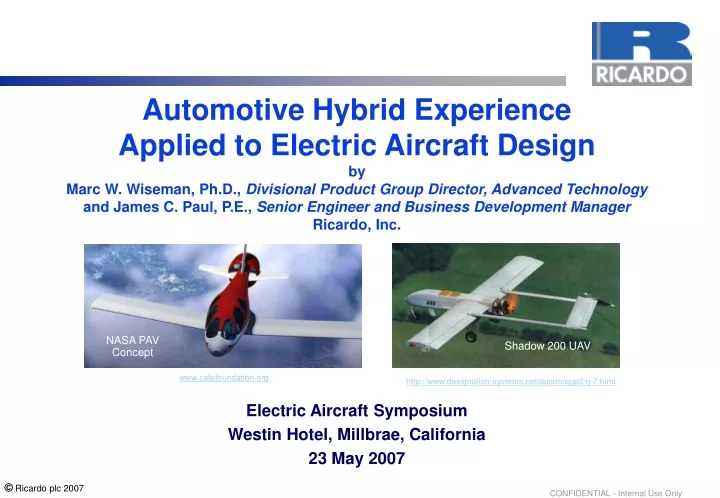 electric aircraft symposium westin hotel millbrae california 23 may 2007
