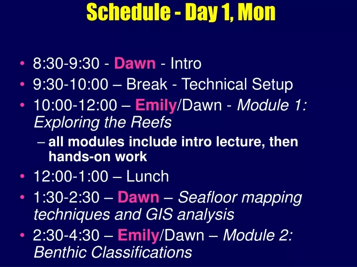 schedule day 1 mon
