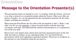 Message to the Orientation Presenter(s)
