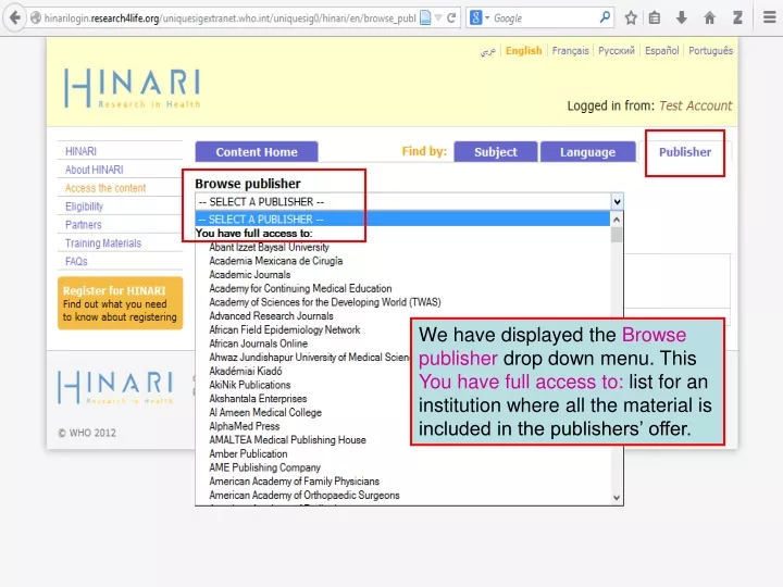 we have displayed the browse publisher drop down