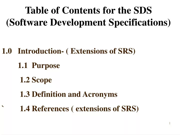 table of contents for the sds software