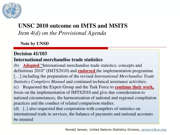 unsc 2010 outcome on imts and msits item 4 d on the provisional agenda note by unsd
