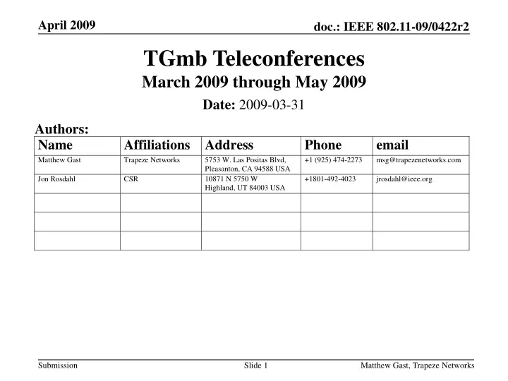 tgmb teleconferences march 2009 through may 2009